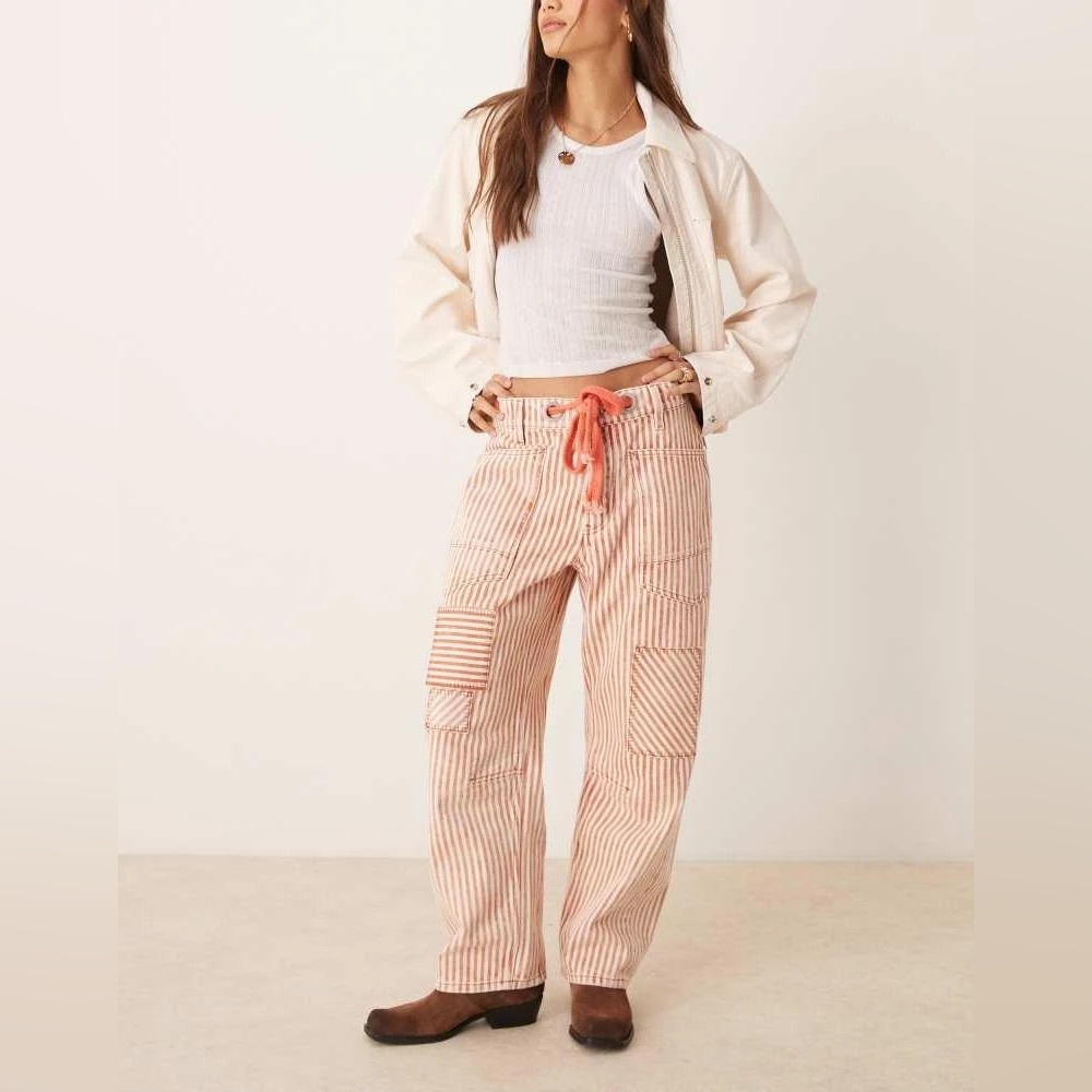 BiBi Rust Striped Drawstring Waist Barrel Jeans